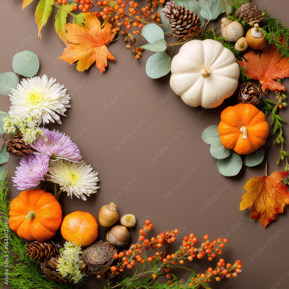 Fototapeta premium Autumn-themed decorative arrangement featuring pumpkins, colorful leaves, pinecones, and flowers against a brown background
