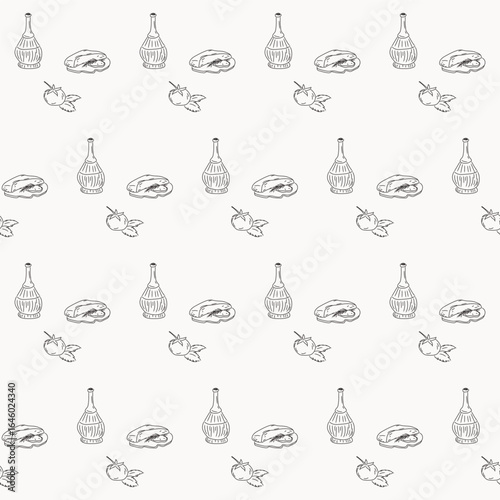 Ink Line Doodle Food Preparing Ingredient Seamless Pattern Background. Sketch Restaurant or Cafe Menu Decoration.  Mediterranean Resort Kitchen Cafe Wallpaper Design. Wrapping Paper Print. Textile Art