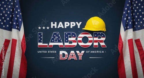 Happy labor day with american flags and hard hat