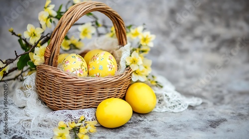 A rustic basket contains decorated eggs and yellow flowers gracefully