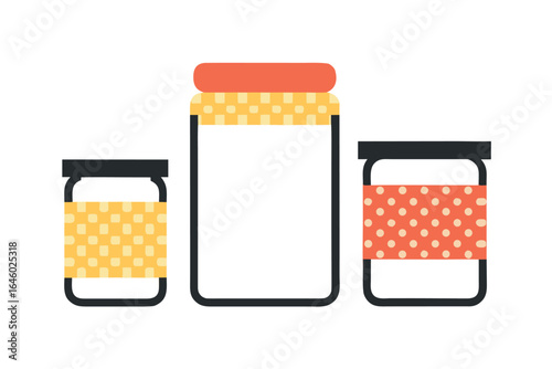 Three Jars With Decorative Lids And Labels On White Background containers storage