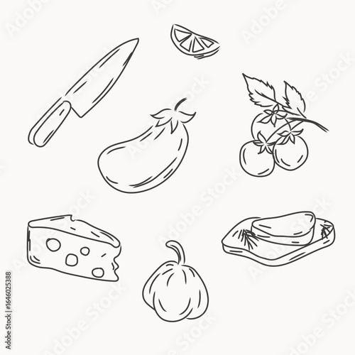 Ink Line Doodle Food Preparing Ingredient Set. Sketch Restaurant or Cafe Menu Decoration Pattern.  Tourist mediterranean Resort Kitchen Logo Design Element. Abstract Contour Minimalist Food Symbol Art