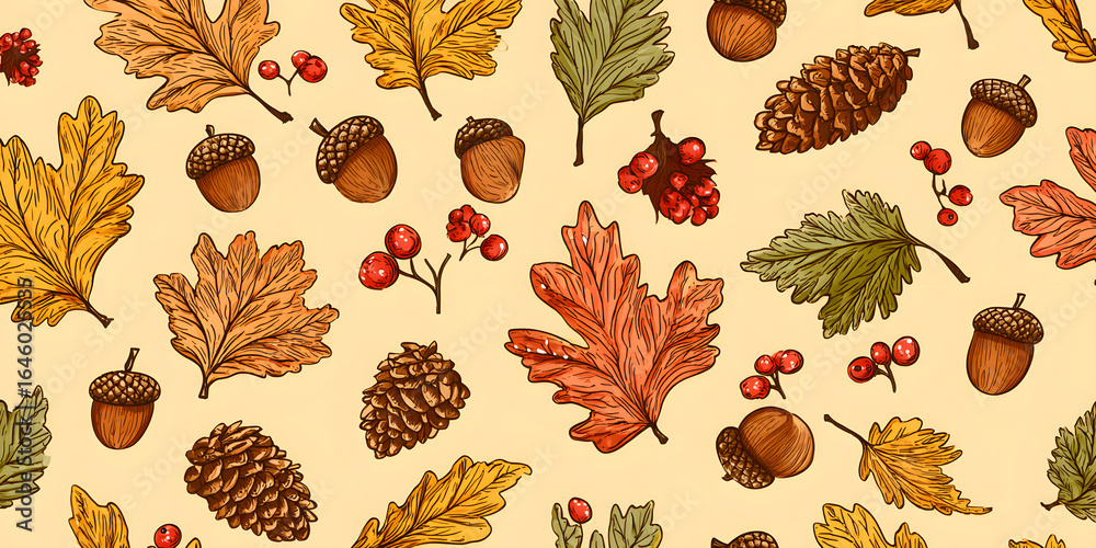 Seamless pattern falling leaves, acorns, berries, cones. Vector light autumn texture isolated on yellow, brown outline. Concept of forest, leaf fall, nature, thanksgiving Seamless pattern falling leaves, acorns, berries, cones. Vector light autumn texture isolated on yellow, brown outline. Concept of forest, leaf fall, nature, thanksgiving
