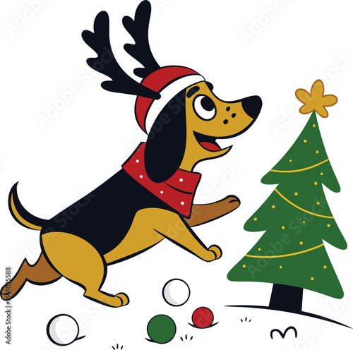 Happy beagle dog in reindeer costume playing in snow