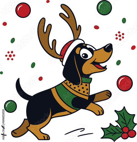 Festive Cartoon Dog in Reindeer Antlers Playing by Christmas Tree,snowball