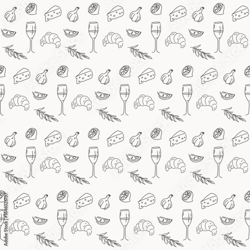 Ink Line Doodle Food Preparing Ingredient Seamless Pattern Background. Sketch Restaurant or Cafe Menu Decoration.  Mediterranean Resort Kitchen Cafe Wallpaper Design. Wrapping Paper Print. Textile Art