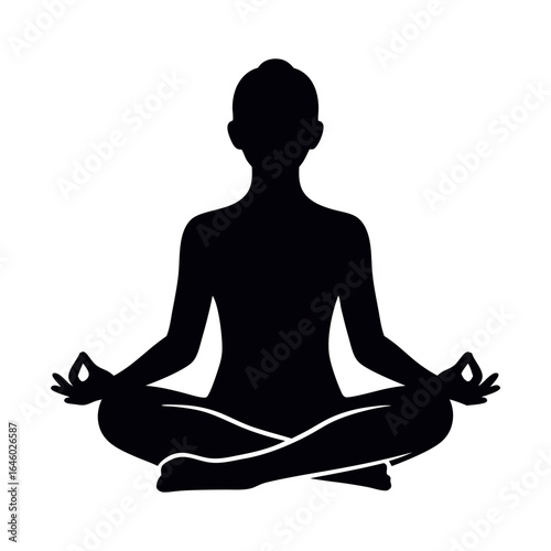 A black silhouette of a person sitting in a cross-legged meditation pose with hands resting on knees, symbolizing peace and mindfulness.
