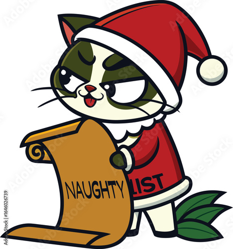 Grumpy santa cat with naughty list and christmas tree