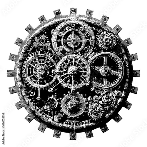 Steampunk gear mechanism clockwork machinery cogwheel design intricate vintage illustration mechanical drawing