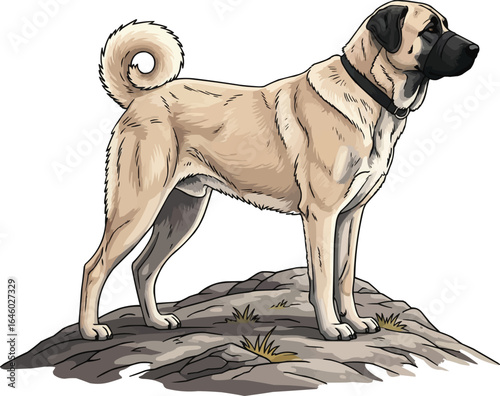 Anatolian Shepherd Dog standing on a rock vector illustration