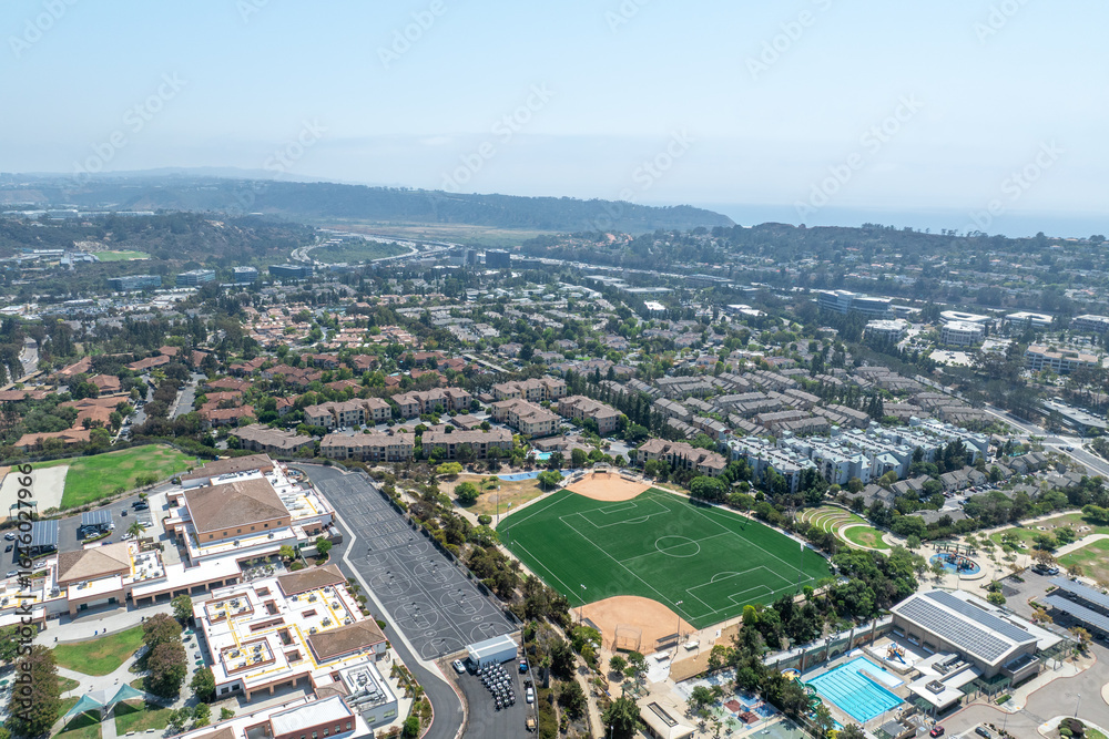 Naklejka premium Aerial view of Del Mar Neighborhood, San Diego County, California, United States, located next the coast of the Pacific Ocean