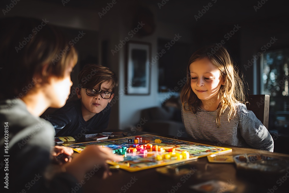 Fototapeta premium Charming kids playing a captivating board game together at home creating joyful family memories on a sunny afternoon of fun and laughter