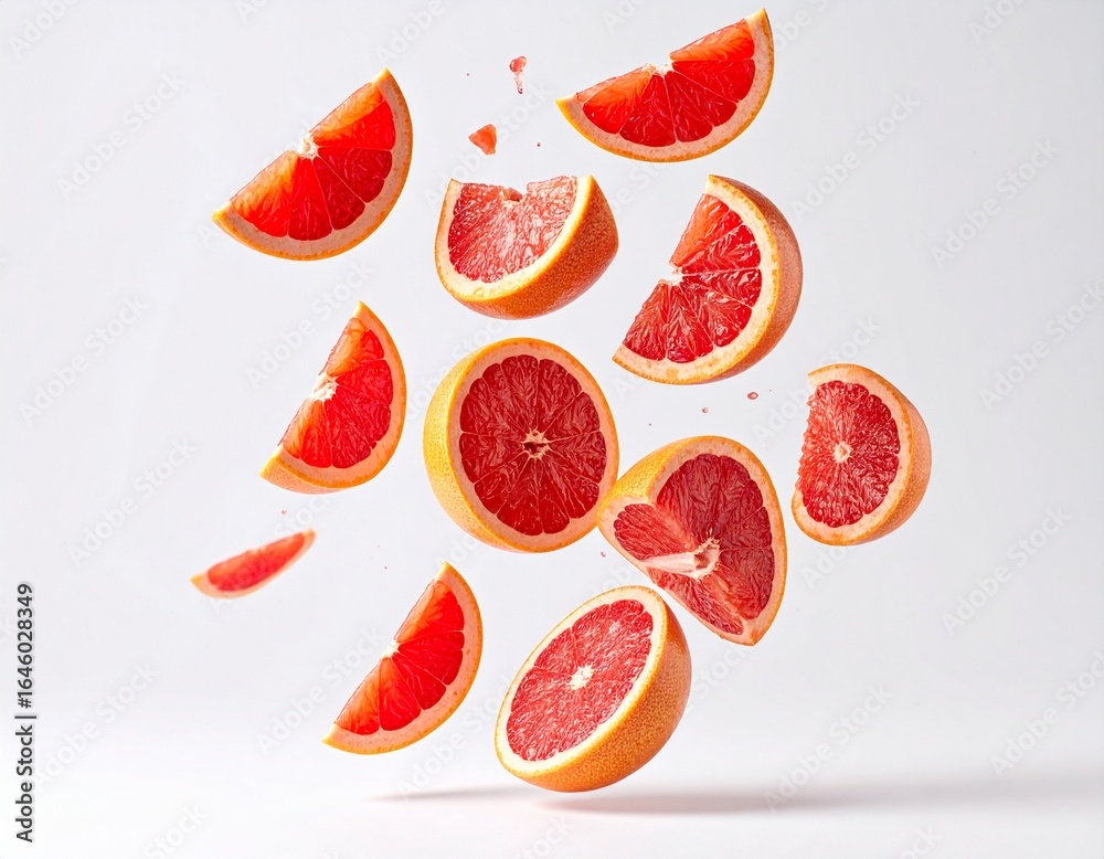 Floating grapefruit halves and wedges with visible pulp, isolated on white background Floating grapefruit halves and wedges with visible pulp, isolated on white background