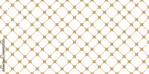 Golden vector seamless pattern with geometric lattice, grid, rounded mesh. Gold and white background with nodes, curved shapes, net, tiles. Abstract minimal ornament. Simple repeating all-over design