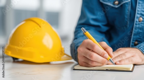 A person in a blue shirt writes in a notebook with a yellow pen beside a yellow construction safety helmet on a desk