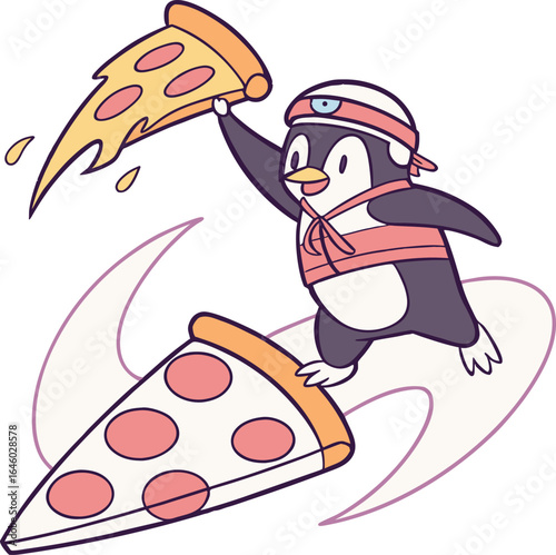 Surfing penguin with pizza cartoon mascot