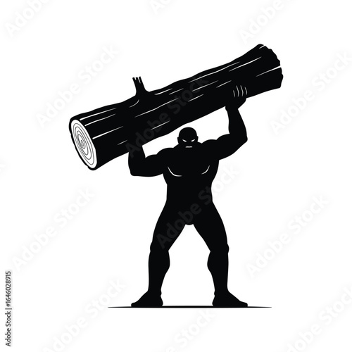 Strong man lifting heavy log black silhouette illustration power strength lumberjack wood vector graphic