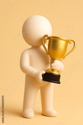 3D Faceless Humanoid Holding Golden Trophy in Celebration