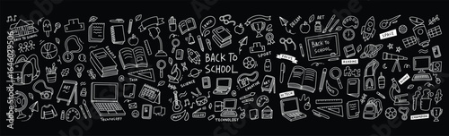 Line art illustration of school supplies and elements. Doodle of back to school in black background
