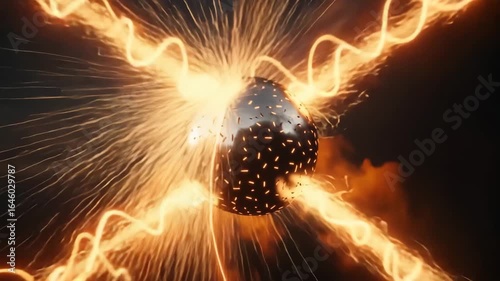 VFX effects are a metal sphere rotating 360 degrees around its axis, from which sparks fly when it collides with fiery explosions and bright orange light waves 4K.