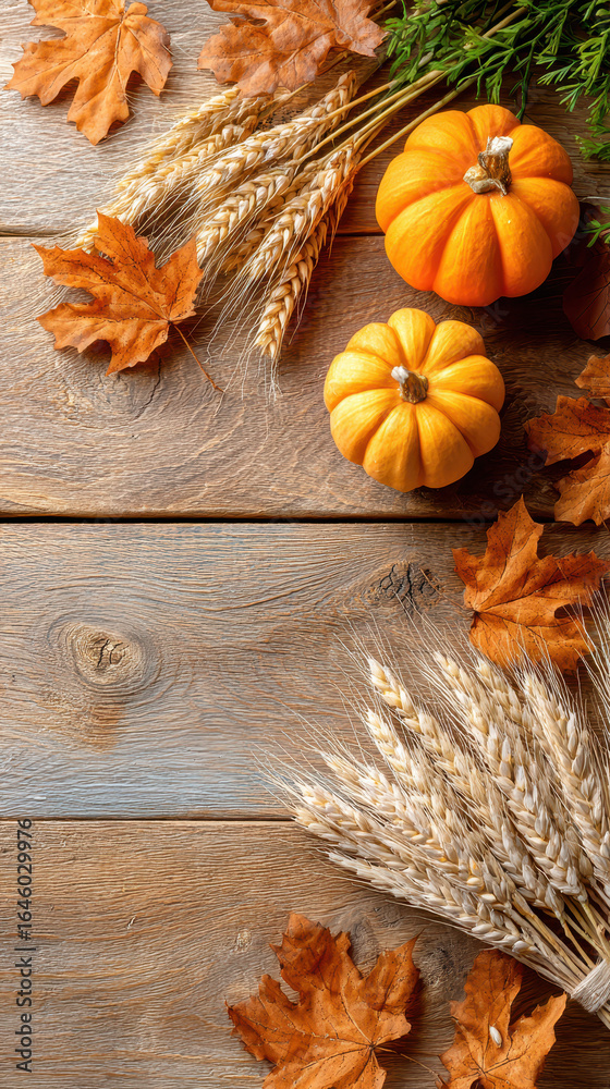 Obraz premium Autumn composition featuring bright orange pumpkins, golden leaves, and wheat on a rustic wooden background