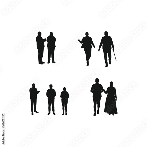 Silhouettes of diverse people in various poses isolated on white background, depicting groups, couples, and individuals in different activities and interactions