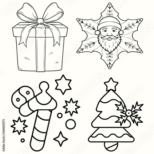christmas icon set silhouette vector gift box, santa claus, tree, and scavina outline