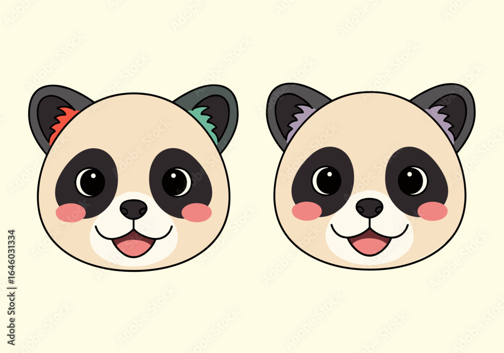 Fototapeta premium Spot the difference between these adorable panda bear faces with distinct ear markings and cheek blushes challenging visual puzzle