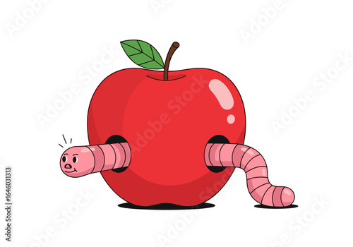 A cute cartoon worm emerging from a bright red apple hole enjoying its sweet treat