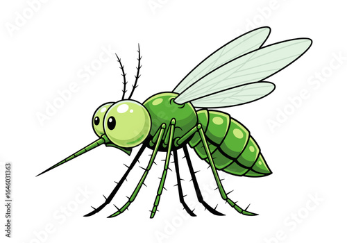 A cartoon mosquito illustration with big green eyes and transparent wings detailed and vibrant colors