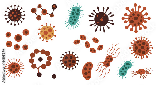 Set of colorful bacteria and viruses in various shapes and sizes. Vector illustration.  