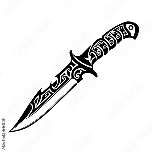 Tribal combat knife with ornate handle and sharp blade design. Vector illustration.  