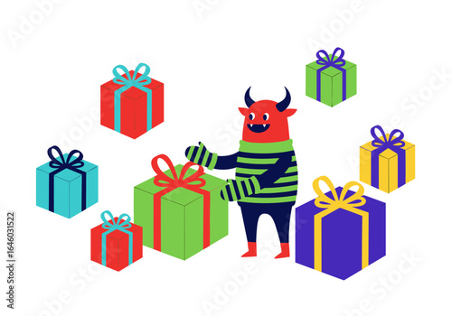 A festive red monster surrounded by colorful gift boxes and presents with ribbons