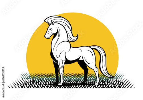 Majestic horse standing proudly under a bright sun on a grassy field a symbol of strength and freedom