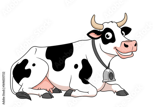 Adorable cartoon illustration of a happy black and white spotted dairy cow resting peacefully in a field on a sunny day with a large bell around its neck