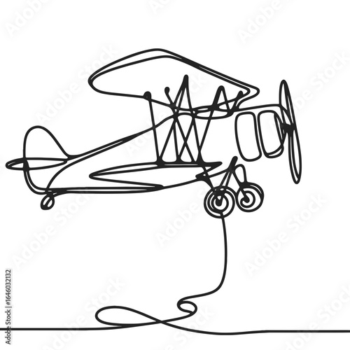Biplane line art in black and white, vintage aircraft