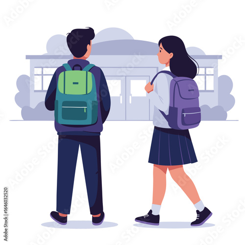 Illustration of a boy and girl with backpacks walking towards a school building.