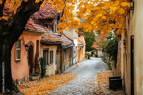 narrow lane with homes surrounded by colorful autumn foliage