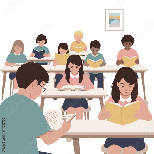 Illustration of a diverse classroom with students reading books at their desks in a well-lit room with a calm and focused mood.