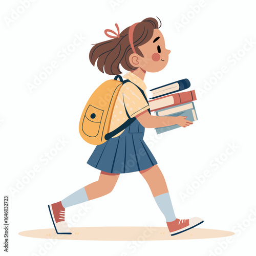 A cartoon schoolgirl walking with books and backpack in a colorful outfit on a plain background.