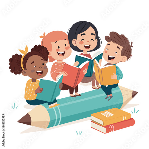 Diverse group of children reading books while sitting on a giant pencil with colorful books nearby