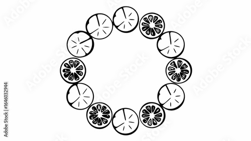 Circular arrangement of citrus fruit slices with varying pulp designs inside