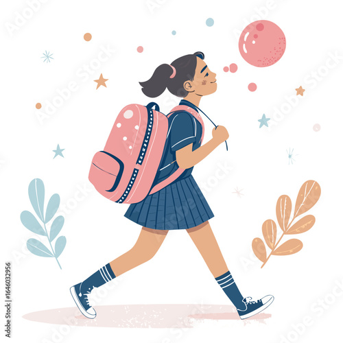 Cartoon illustration of a schoolgirl walking with a pink backpack and bubble, surrounded by colorful stars and leaves on a white background.