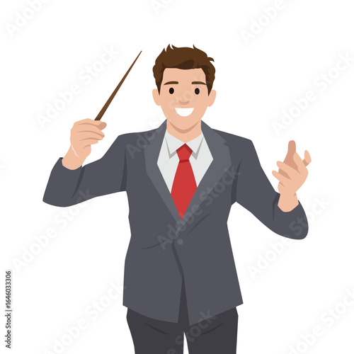 Businessman in a suit and red tie confidently performs magic with a wand in hand. Flat vector illustration isolated on white background