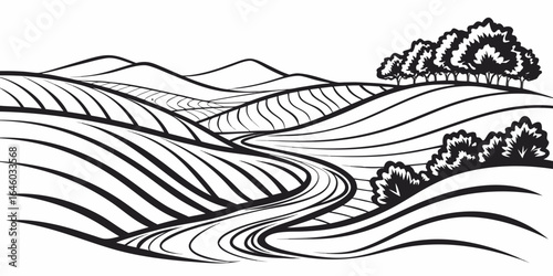 black and white drawing of rolling farmland with a river isolated on white background.