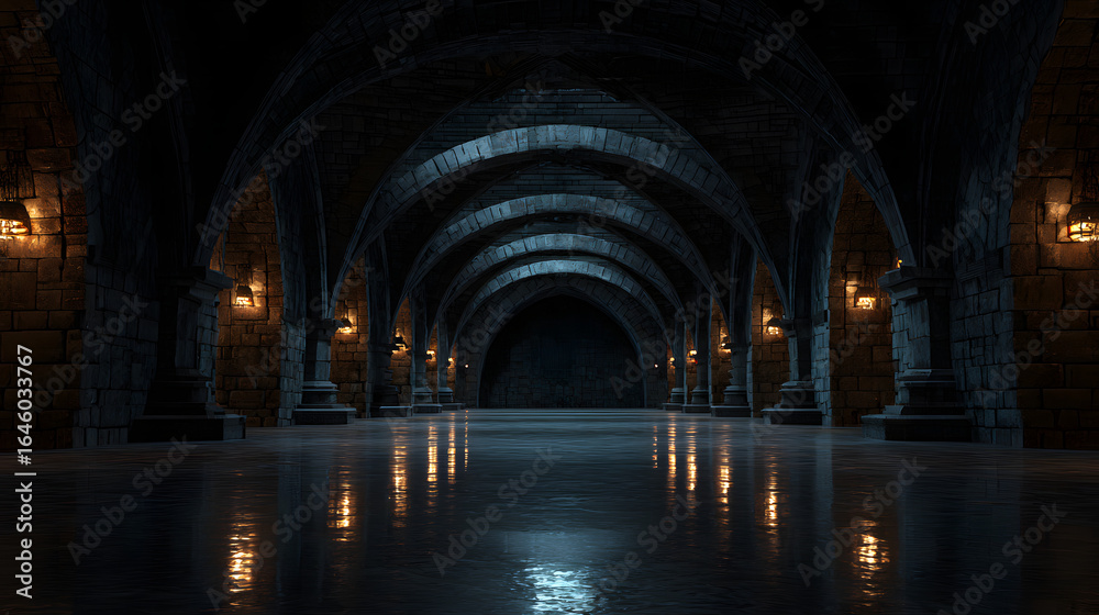 Fototapeta premium Palace Hallway Stone arches, reflective floor, ambient light. Background Empty, mysterious. Use Game background