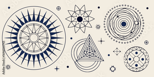 celestial mystical symbols collection with sun moon stars and sacred geometry in bohemian style