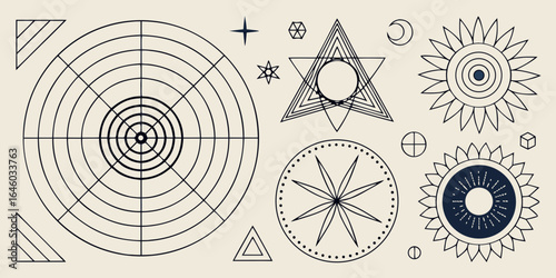 sacred geometry symbols and mystical elements collection with concentric circles and celestial patterns