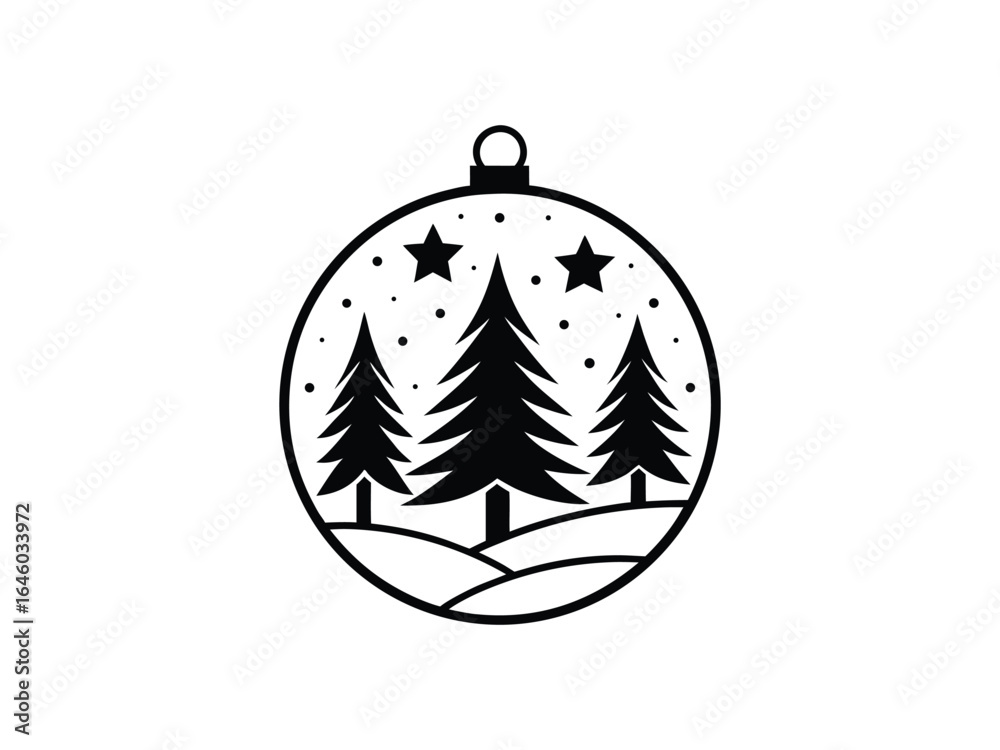Fototapeta premium Black and white snow globe illustration with three stylized Christmas trees and falling snow