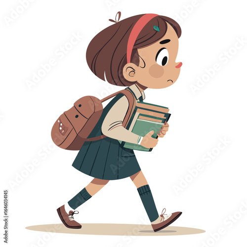 Cartoon illustration of a worried schoolgirl walking with books and backpack on a white background.